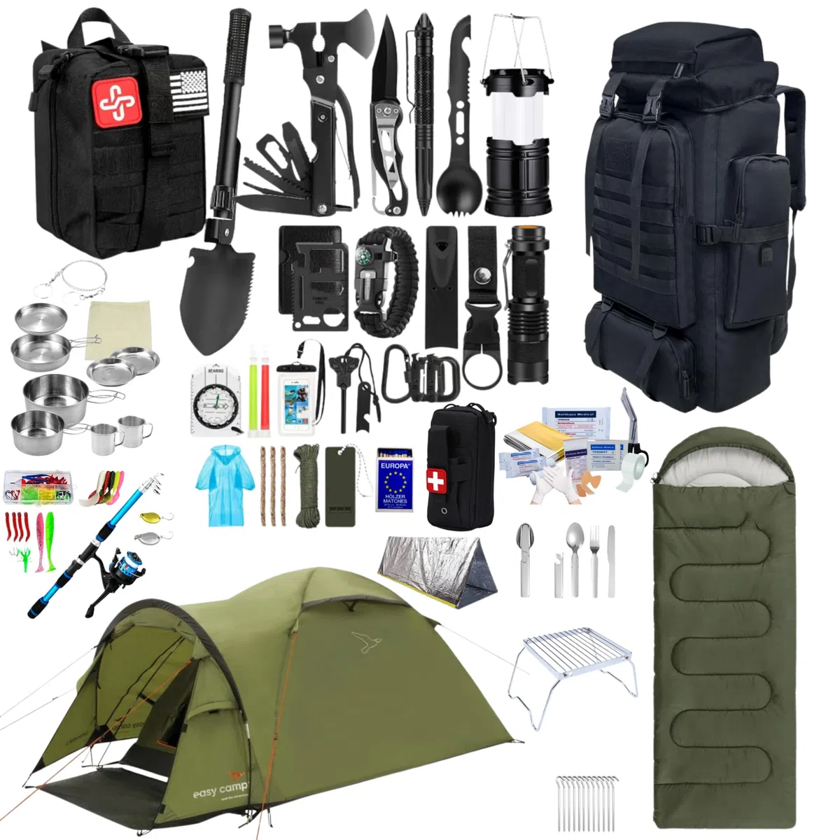Sac à dos d'évasion, kit de survie d'urgence avec sac à dos tactique de 70 l, tente, sac de couchage, kit de premiers secours, ustensiles de cuisine de camping, outils multifonctions, équipement