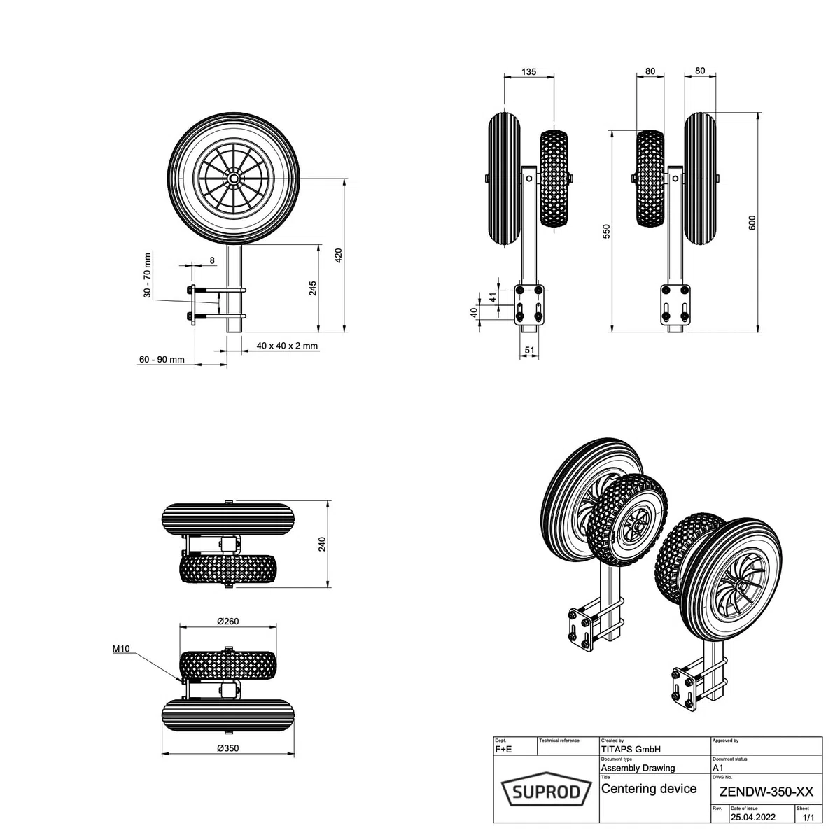 SUPROD Aide au centrage Dispositif de centrage Aide à la Mise à l'eau remorque de Bateau pneus en PU ZENDW-350-PU