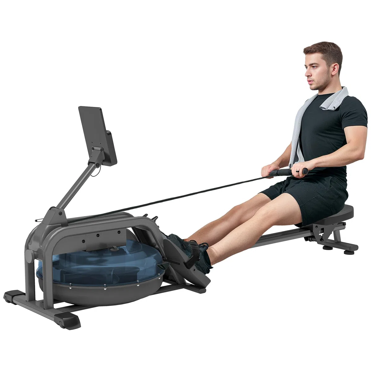 SPORTNOW Rameur à Eau pour Musculation d'appartement, 6 Niveaux de résistance, écran LCD avec Support Tablette, Rangement Vertical à roulettes, Charge Max 135 kg, Acier