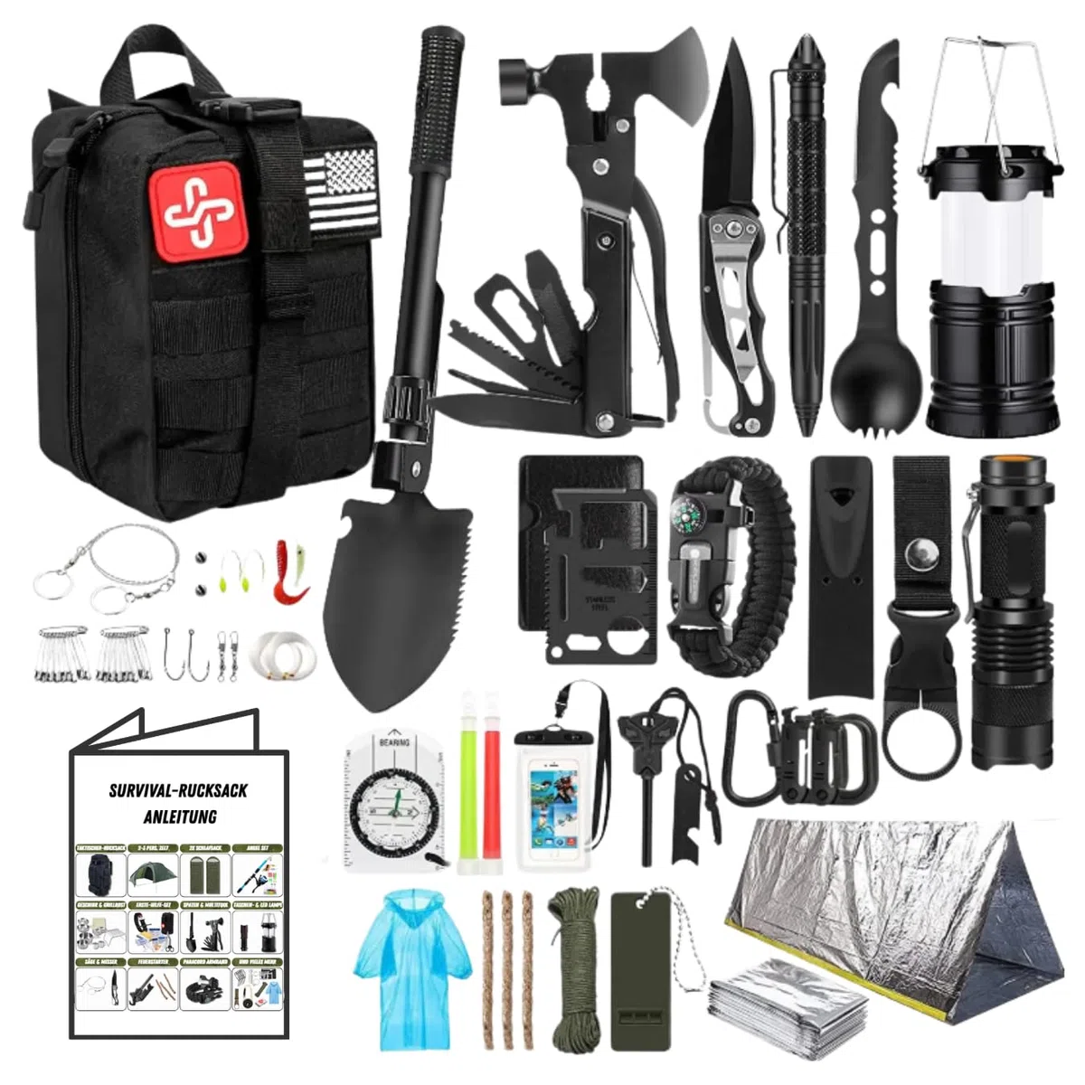 Sac à dos d'évasion, kit de survie d'urgence avec sac à dos tactique de 70 l, tente, sac de couchage, kit de premiers secours, ustensiles de cuisine de camping, outils multifonctions, équipement